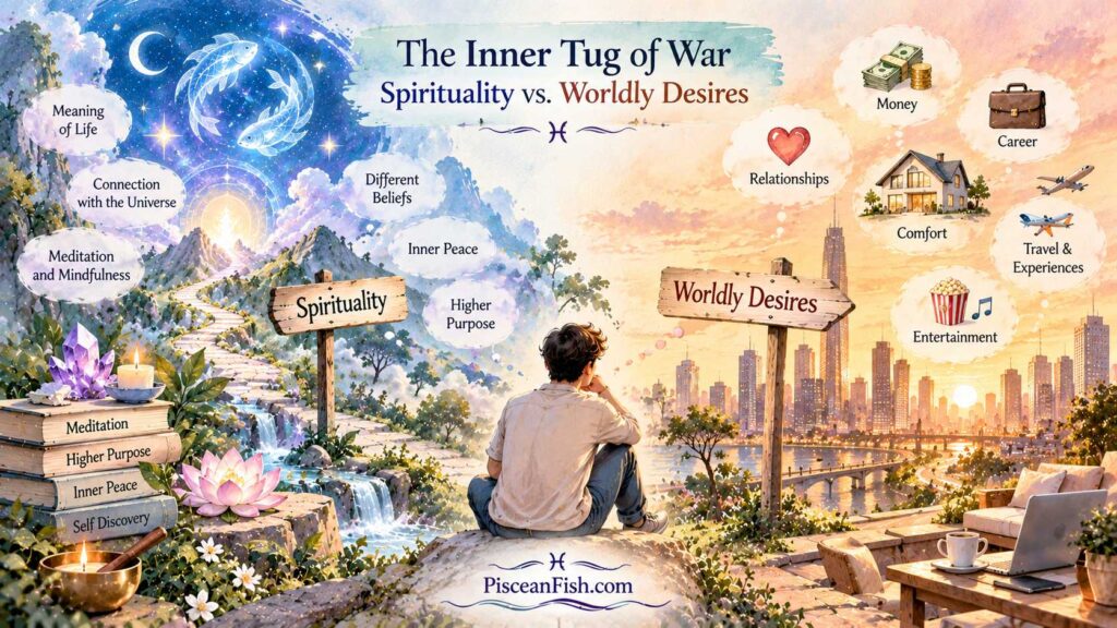 Pisces inner conflict between spirituality and worldly desires, illustrated by a man standing between a mystical spiritual world and the real world.