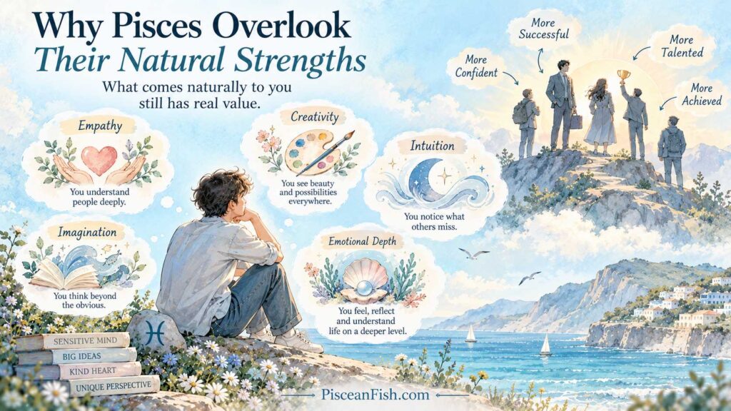 Pisces natural strengths infographic illustrating empathy, creativity, intuition, imagination, and emotional depth in a soft blue watercolor design.