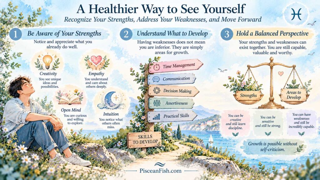 Pisces self-growth infographic showing how to recognize personal strengths, identify skills to develop, and maintain a balanced self-image without feeling inferior.