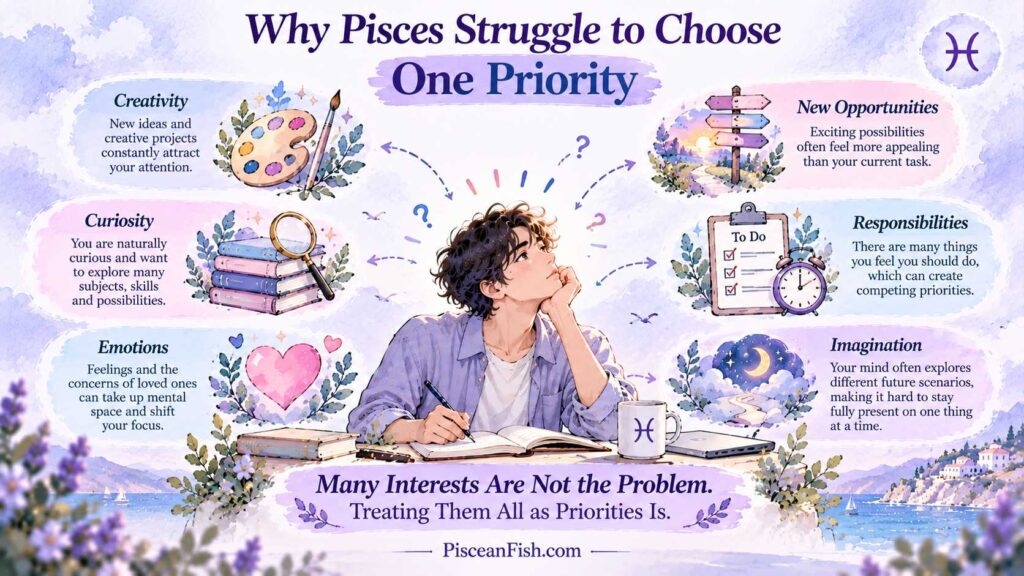 Why Pisces struggle to choose one priority, illustrated through creativity, curiosity, emotions, new opportunities, responsibilities, and imagination.