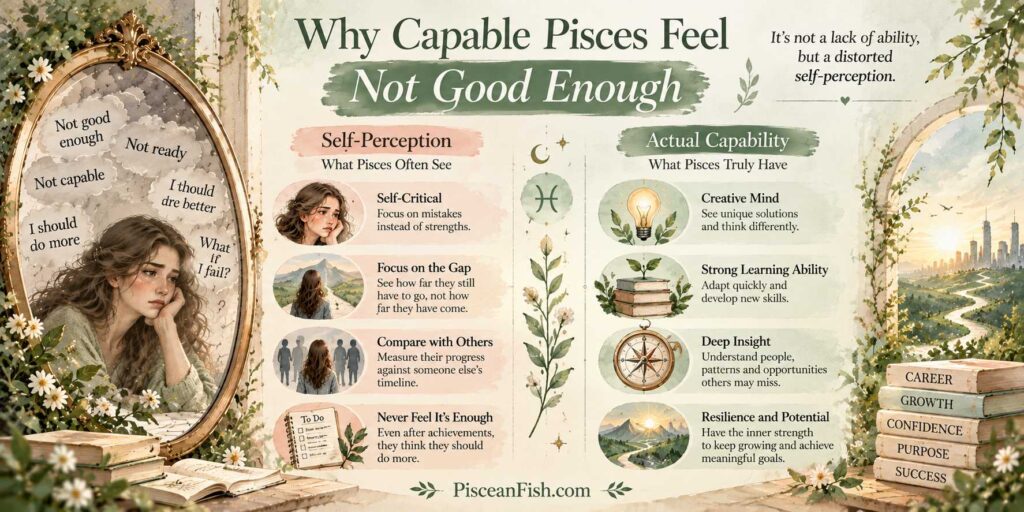 Why capable Pisces may feel not good enough despite their creativity, learning ability, insight, resilience, and potential.