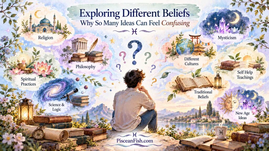 Watercolor infographic showing Pisces exploring different religious beliefs, spiritual practices, philosophy, science, and mystical ideas while searching for clarity.