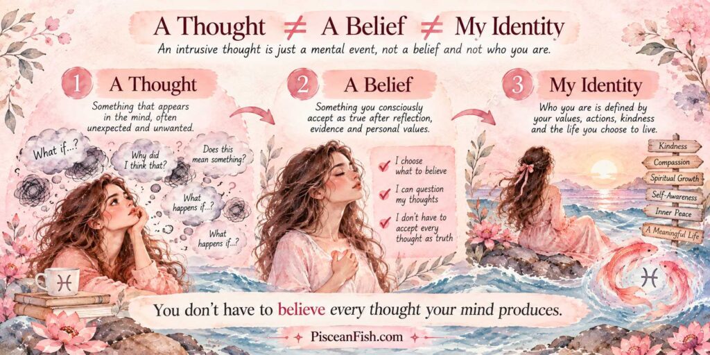 A pastel watercolor infographic explaining that an intrusive thought is not the same as a belief or personal identity, with three stages: thought, belief, and identity.