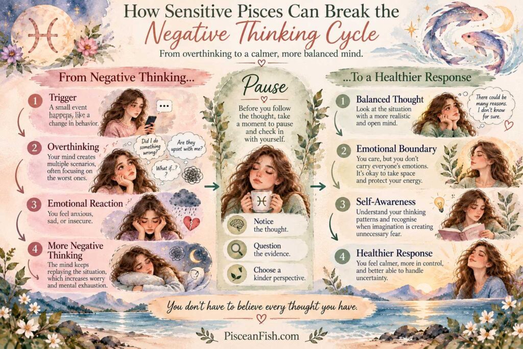 How sensitive Pisces can break the negative thinking cycle through pausing, balanced thoughts, emotional boundaries, and self-awareness.