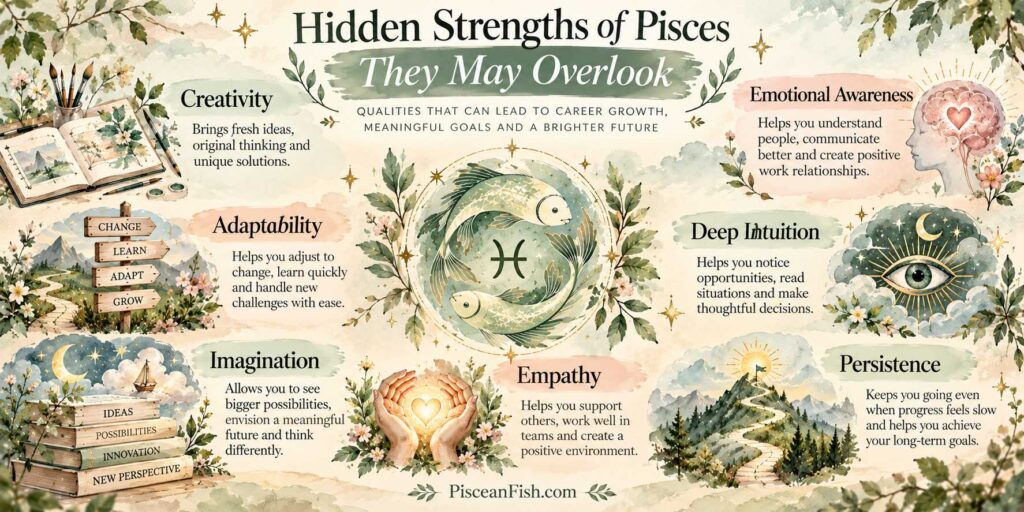 Hidden strengths of Pisces including creativity, emotional awareness, adaptability, intuition, imagination, empathy, and persistence.